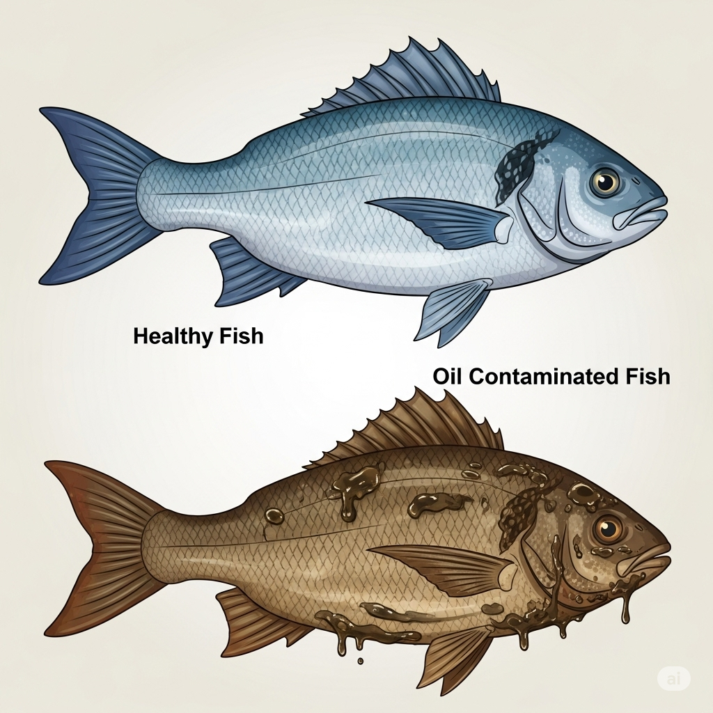 Fish are exposed to oil contamination from both human and natural sources. Major human-caused sources include oil spills