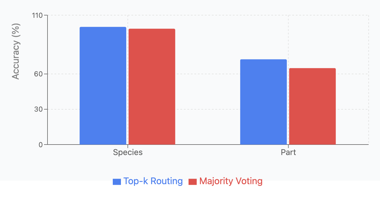 Majority Voting versus Top-k Routing Bar Chart. This chart gives the test classification accuracy on the fish species an
